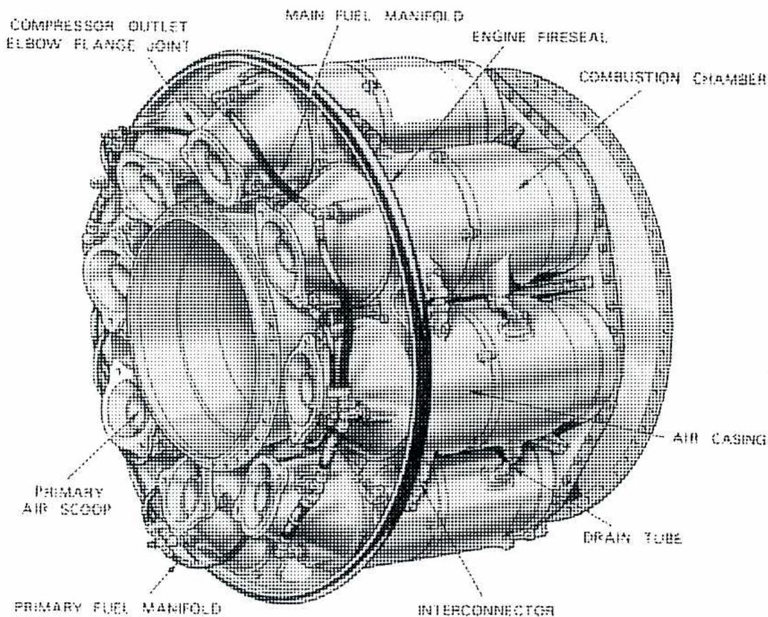 A detailed cutaway diagram of a single can (external) gas turbine combustor. The diagram shows the internal components of the combustor, including the combustion chamber, air casing, and fuel manifolds. Labels with leader lines point to various parts: COMPRESSOR OUTLET ELBOW FLANGE JOINT, PRIMARY AIR SCOOP, PRIMARY FUEL MANIFOLD, MAIN FUEL MANIFOLD, ENGINE FIRESEAL, COMBUSTION CHAMBER, AIR CASING, DRAIN TUBE, and INTERCONNECTOR. The diagram is rendered in a shaded, 3D perspective view.