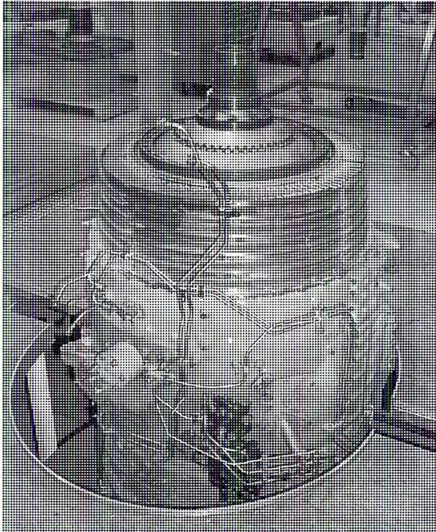 A black and white photograph showing a large industrial engine mounted on a circular platform inside a deep, vertical hydraulic pit. The pit has vertical guide rails and structural supports. The engine is positioned centrally, and the pit's interior is visible, showing the mechanism for raising and lowering the engine.