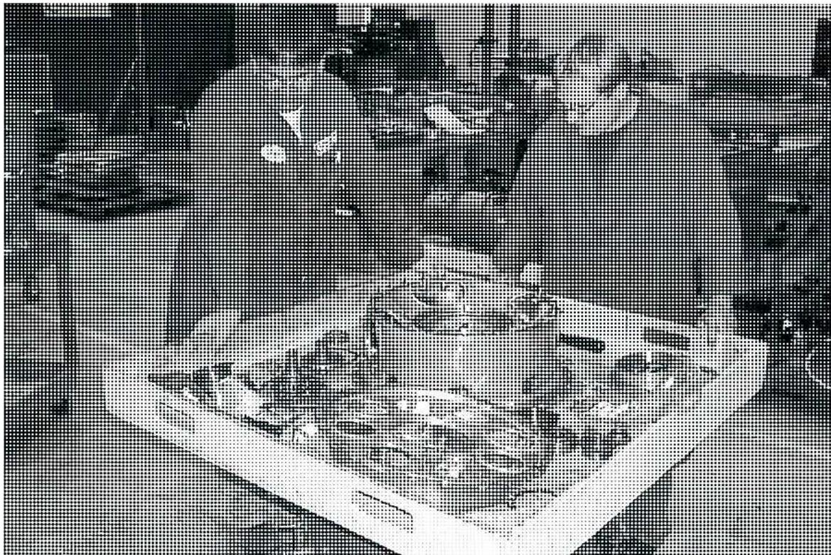 A black and white photograph showing a close-up of a person's hands organizing various small metal parts, including blades, into a white plastic tray. The tray is divided into several compartments, and the parts are being placed into them. The background is dark and out of focus.