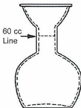 Diagram of a Saybolt Flask, showing a glass flask with a narrow neck and a wider body. A dashed horizontal line near the top of the neck is labeled '60 cc Line' with an arrow pointing to it.