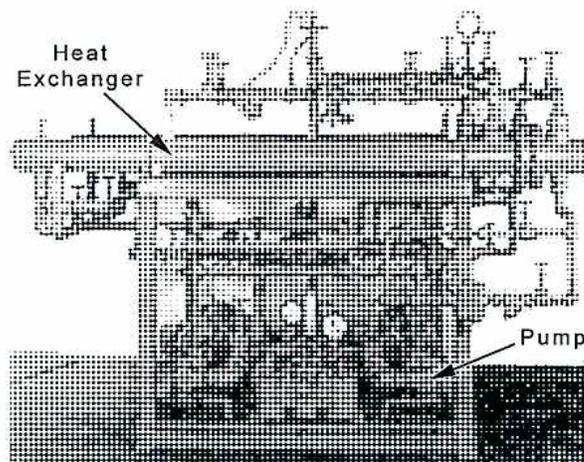 A technical line drawing of a duplex fuel oil pump and heater unit. The unit is mounted on a rectangular base. On the left side, there is a large cylindrical component labeled 'Heat Exchanger' with an arrow pointing to it. On the right side, there is a pump assembly labeled 'Pump' with an arrow pointing to it. Various pipes, valves, and fittings connect the components within the unit.