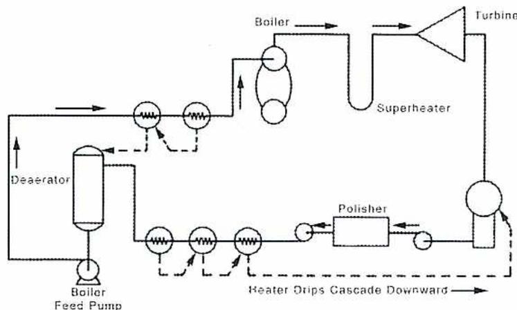 Schematic diagram of a Power Plant Cycle with Condensate Polishing. The diagram shows the flow of water and steam. Water enters the Boiler Feed Pump, then passes through two high-pressure heaters (circles with zigzag lines), then through a Deaerator (vertical tank). From the Deaerator, the water passes through three low-pressure heaters (circles with zigzag lines), then through a Polisher (rectangular box), and finally enters the Boiler. The Boiler has an Economizer section. Steam exits the Boiler and enters the Turbine. Condensate from the Turbine flows through a series of extraction points (indicated by dashed lines) to the low-pressure heaters, then to the Deaerator. Heater drips cascade downward from the low-pressure heaters to the Deaerator. The Boiler Feed Pump is connected to the Deaerator via a dashed line labeled 'Heater Drips Cascade Downward'.