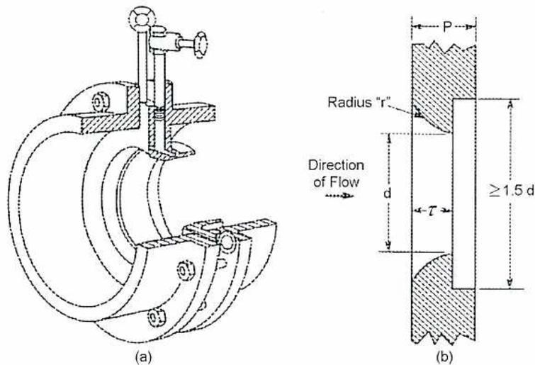 Figure 34: Orifices. (a) Dall short insert tube: A 3D perspective view of a pipe section with a Dall short insert tube installed. The tube consists of two concentric, flared pieces that create a Venturi-like shape. (b) Quarter-circle orifice plate: A cross-sectional view of a pipe showing a quarter-circle orifice plate. The plate has a rounded leading edge with radius 'r' and a thickness 'T'. The pipe diameter is 'd'. The distance from the leading edge to the start of the oversized trailing edge is labeled 'P'. The total length of the plate is indicated as ≥ 1.5 d. An arrow indicates the 'Direction of Flow' from left to right.