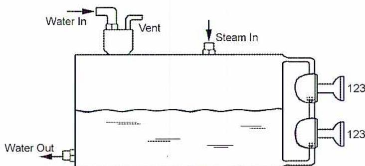 Schematic diagram of a deaerator showing ball-float cages for high and low level alarms.