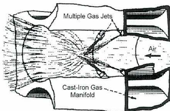 Figure 26: Refractory Burner. A cross-sectional diagram showing a 'Cast-Iron Gas Manifold' on the left with 'Multiple Gas Jets' exiting into a chamber. On the right, 'Air' is shown entering the chamber, mixing with the gas jets. The chamber has a refractory lining on its top, bottom, and right walls.