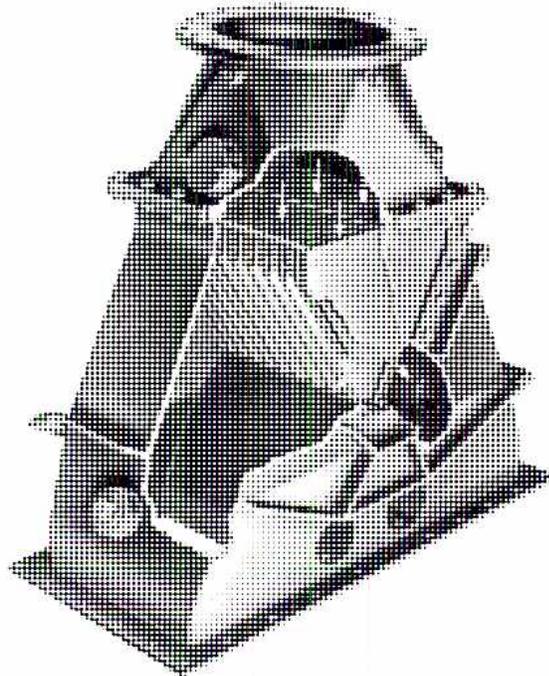 A 3D perspective view of a pulverized coal distributor. It is a complex, metallic structure with a central inlet pipe at the top. The main body is a large, somewhat rectangular box with internal vanes and multiple outlets. The outlets are arranged in a way that suggests they lead to different burners. The entire unit is supported by a sturdy metal frame.