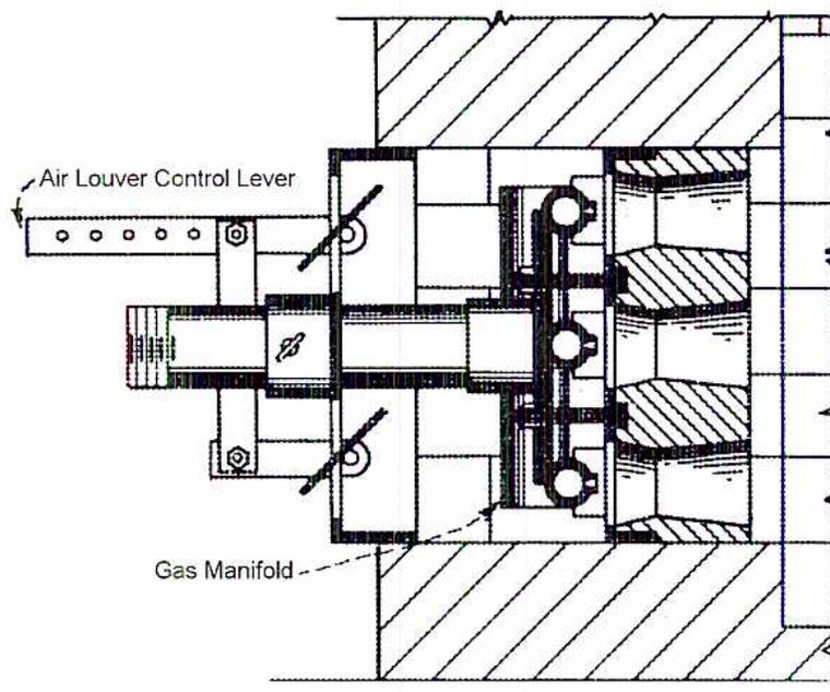 Figure 28: Refractory Burner Assembly. A cross-sectional diagram showing the internal components of a burner assembly. It includes an 'Air Louver Control Lever' on the left, a 'Gas Manifold' at the bottom, and a series of internal components including a fuel nozzle and air mixing passages. The assembly is shown within a refractory wall structure.