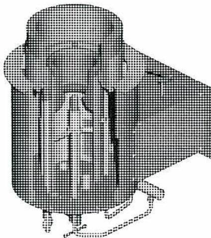 A 3D perspective view of a combination burner assembly. It features a central vertical pipe or nozzle surrounded by a complex, multi-layered structure with various ports and a flange at the base, designed for dual-fuel (gas and oil) combustion.