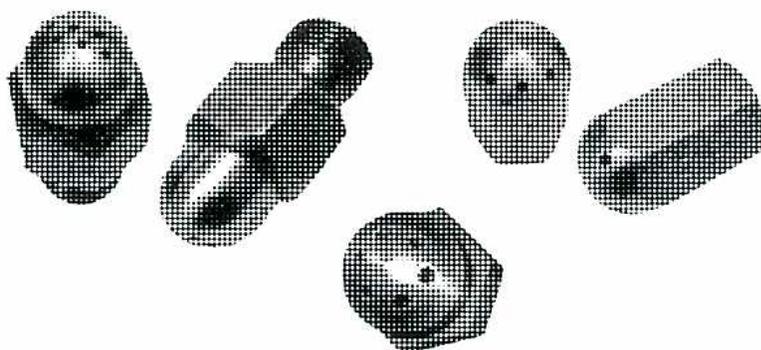 Figure 18: Oil Burner Tips. This image shows five different oil burner tips arranged in a circular fashion. The tips include a circular tip with a central hole, a rectangular tip with rounded ends, a circular tip with a cross-shaped internal structure, a circular tip with a central hole, and a rectangular tip with rounded ends.