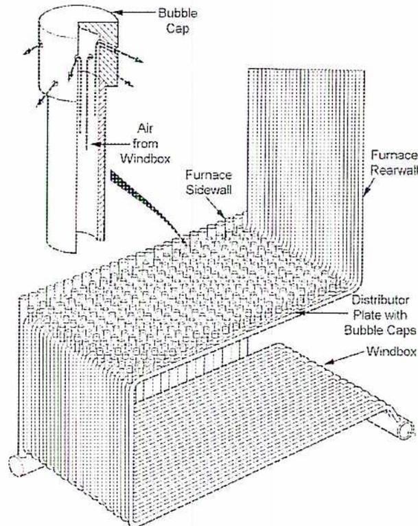 Diagram of a fluidized bed furnace showing the distributor plate and bubble caps.