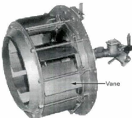 Figure 15: A photograph of a swirl burner assembly. The burner has a cylindrical body with several adjustable air doors or vanes on its side. A label with a leader line points to one of these components, identifying it as a 'Vane'. The burner is shown from an angled perspective, highlighting its external structure and the adjustment mechanism for the vanes.