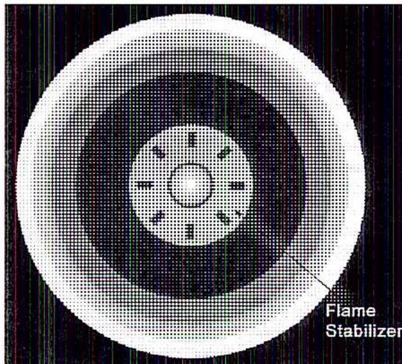 Figure 13: A cross-sectional view of a circular burner. In the center, there is a small, circular flame stabilizer. A label 'Flame Stabilizer' points to this central component. The stabilizer has a small circular opening in the middle. The surrounding area shows concentric rings of different shades, representing the flow field and flame structure.