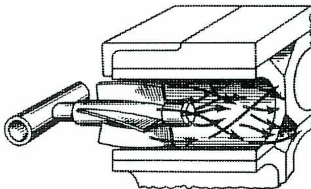 Figure 27: Turbulence Vanes. A 3D perspective view of a burner assembly. A gas inlet tube enters from the left into a chamber containing a grid of 'Turbulence Vanes'. Arrows indicate the flow of air and gas through the vanes, showing a swirling motion. The chamber is part of a larger refractory structure.