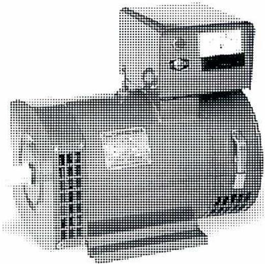 A black and white photograph of a small alternator with a control box on top. The main body is cylindrical with vertical ventilation slots visible on the left side. The control box has a meter and buttons on its front face.
