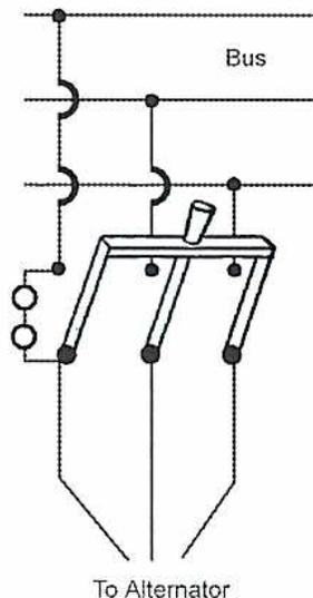 Diagram of a three-phase synchronization setup using lamps. A horizontal line at the top is labeled 'Bus'. Below it, three vertical lines represent the phases. On the left, three lamps are connected in series between the bus and the alternator. On the right, a three-phase switch is shown, with its output lines labeled 'To Alternator'. The switch is connected to the bus through three vertical lines. The diagram illustrates the connection of lamps and a switch for synchronizing an alternator with a bus system.