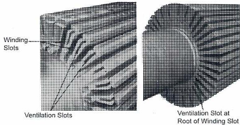 Figure 7A: Two diagrams of a rotor. The left diagram shows a close-up of the rotor surface with labels 'Winding Slots' and 'Ventilation Slots'. The right diagram shows a cross-section of the rotor with a label 'Ventilation Slot at Root of Winding Slot'.
