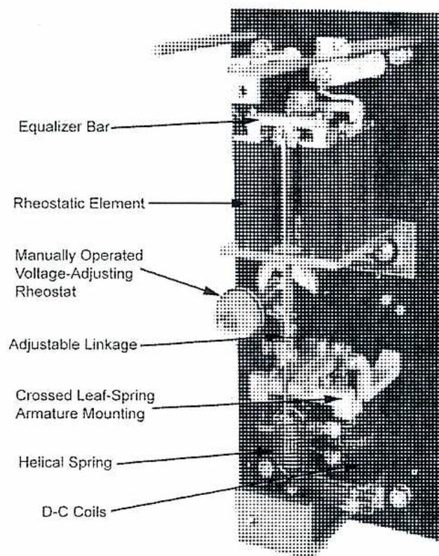 A black and white photograph of a direct-acting generator voltage regulator. The image shows a complex mechanical assembly with various components labeled with leader lines. From top to bottom, the labels are: 'Equalizer Bar', 'Rheostatic Element', 'Manually Operated Voltage-Adjusting Rheostat', 'Adjustable Linkage', 'Crossed Leaf-Spring Armature Mounting', 'Helical Spring', and 'D-C Coils'. The regulator is mounted on a dark, textured background.