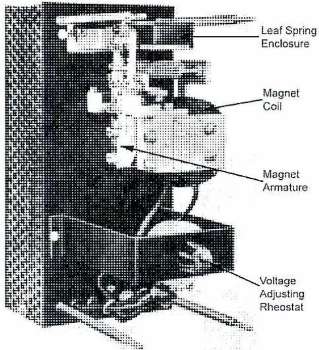 Internal view of a Silverstat Voltage Regulator with labels: Leaf Spring Enclosure, Magnet Coil, Magnet Armature, Voltage Adjusting Rheostat.