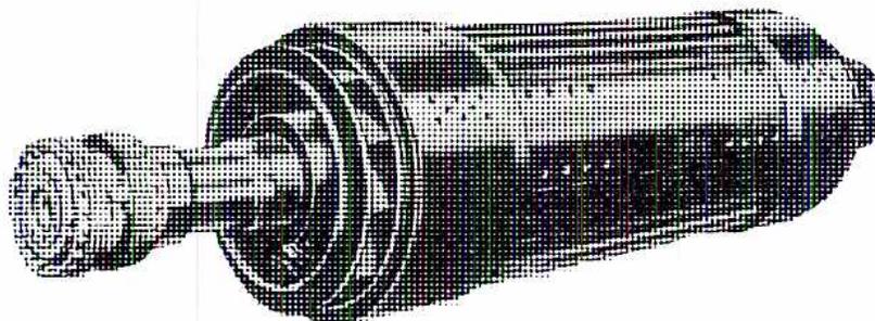 A detailed black and white illustration of a cylindrical rotor assembly. It shows the main cylindrical body with longitudinal slots, a smaller diameter section at the left end with a hub and a fan-like structure, and a larger diameter section at the right end with a flange-like structure. The entire assembly is shown in a perspective view, highlighting its mechanical complexity.