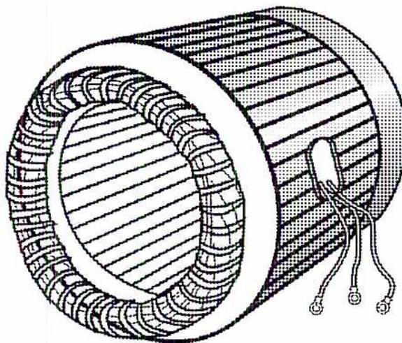 A 3D perspective drawing of a stator assembly for an AC induction motor. It shows a cylindrical core with longitudinal slots on its inner surface. Stator windings are shown as coils placed within these slots. Three electrical leads extend from the stator windings on the right side of the assembly.