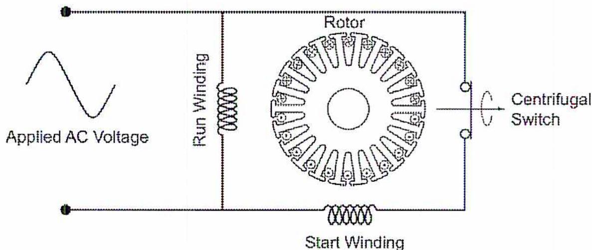 Wiring Diagram of a Split-phase Motor. The diagram shows an 'Applied AC Voltage' source connected to two parallel windings: a 'Run Winding' and a 'Start Winding'. The 'Run Winding' is connected directly across the AC source. The 'Start Winding' is connected in series with a 'Centrifugal Switch'. Both windings are connected to a 'Rotor' represented by a circle with multiple slots around its circumference.