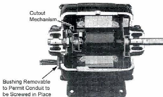 Figure 27: Cutaway view of a single-phase induction motor showing the centrifugal cut-out mechanism and a bushing for conduit connection.