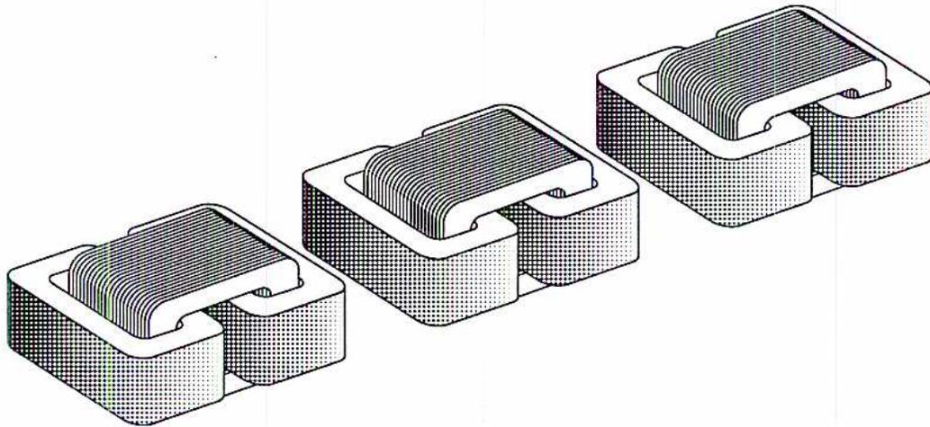 3D perspective view of a three-phase core arrangement showing three separate core units with windings.