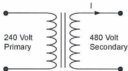 Diagram of a single-phase transformer. The primary winding is labeled '240 Volt Primary' and the secondary winding is labeled '480 Volt Secondary'. An arrow labeled 'I' indicates current flowing out of the top terminal of the secondary winding.