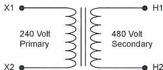 Diagram of a single-phase transformer showing primary and secondary windings with voltage ratings and polarity markings.