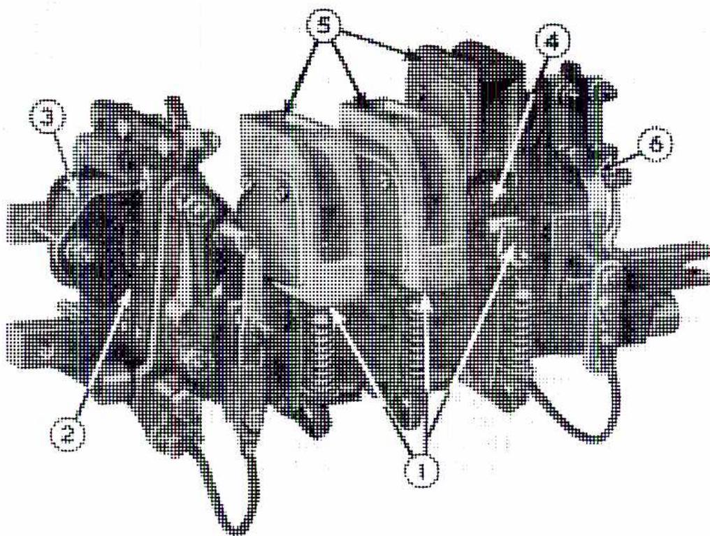 A detailed black and white photograph of an AC Triple-Pole Contactor. The device is a complex mechanical assembly with three main contact points visible on the front. Six numbered callouts with leader lines point to specific parts: 1 points to the main contacts, 2 points to the operating mechanism, 3 points to the solenoid coil, 4 points to the blow-out coil, 5 points to the arc shield, and 6 points to the auxiliary contacts.