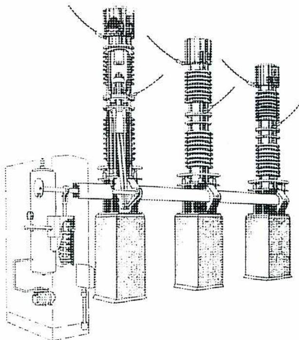 Figure 14: Three-Phase Bulk Oil Circuit-breaker. This is a line drawing of a three-phase bulk oil circuit breaker. It features three vertical columns, each representing a phase. Each column has a series of horizontal insulating discs and a central assembly of contacts and arc chutes. The columns are mounted on a common base or tank structure. On the left side, there is a mechanical linkage system with various rods and levers, likely part of the operating mechanism. The drawing is a perspective view from the front-left.