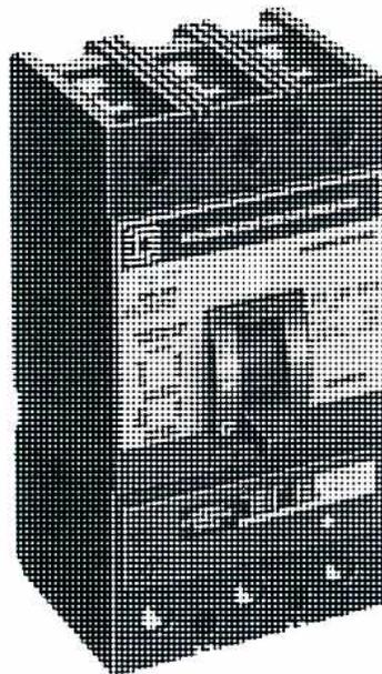 A black and white photograph of a three-pole moulded-case air circuit breaker. The device is a rectangular block with a handle on the front face. It has several electrical terminals visible on the top and bottom. The image is a halftone print, showing a dot pattern.