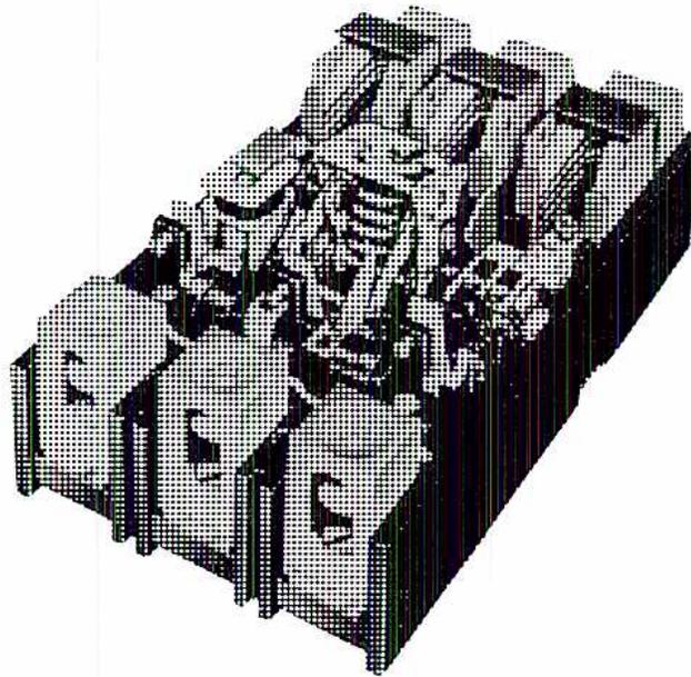 A 3D cutaway illustration of a three-pole moulded-case air circuit breaker, showing internal components like contacts, arc chutes, and operating mechanisms within a dark, rectangular housing.