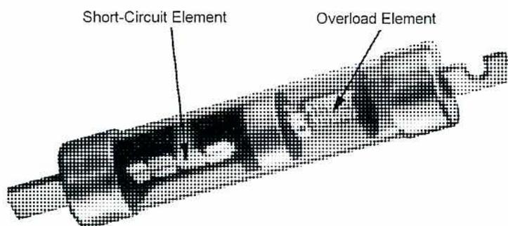 Figure 4: Dual-Element Time-Delay Cartridge Fuse. A 3D cutaway diagram of a cylindrical fuse body. Two internal elements are visible: a 'Short-Circuit Element' on the left and an 'Overload Element' on the right. Arrows point from the labels to their respective locations within the fuse.
