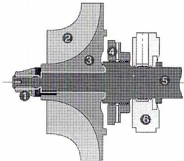 A cross-sectional diagram of a centrifugal compressor shaft and rotor assembly. The diagram shows a central shaft (5) with an impeller (3) at the front and a pinion gear at the rear. Various components are labeled with numbers: 1 (Lock Nut) at the front of the shaft, 2 (Inlet) at the front housing, 4 (Air Seal) on the shaft near the impeller, and 6 (Oil Seal) further back on the shaft. The housing is shown in a cutaway view to reveal the internal components.