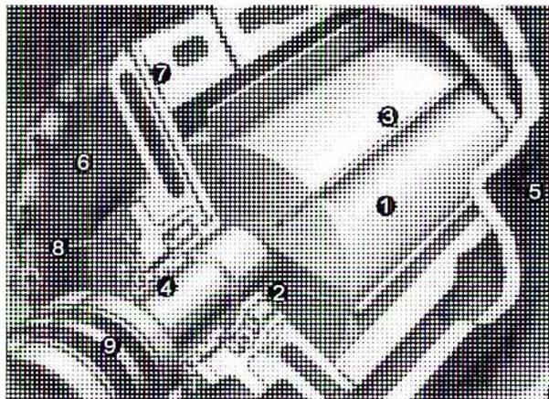 Figure 7: Cutaway photograph of a sliding vane compressor with numbered callouts 1 through 9 pointing to various internal and external components.