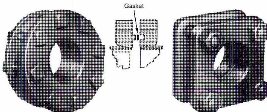 Figure 31: Tongue and Groove Flanges for Ammonia. The figure shows three views of a tongue and groove flange. On the left is a circular flange with a raised tongue. On the right is a square flange with a corresponding groove. In the center is a cross-sectional view showing the tongue of one flange fitting into the groove of the other, with a 'Gasket' placed between them to ensure a leak-proof seal.