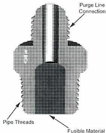 Figure 12: Fusible Plugs. A cross-sectional diagram of a fusible plug. Labels include: 'Purge Line Connection' pointing to a vertical tube at the top; 'Pipe Threads' pointing to the threaded base; and 'Fusible Material' pointing to the central core of the plug.
